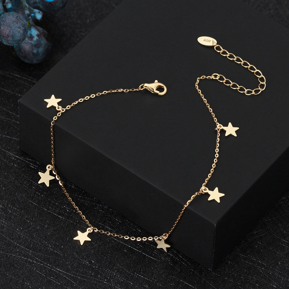 Elegant Star Adjustable Sterling Silver Anklet with 14k Gold and White Gold Plating