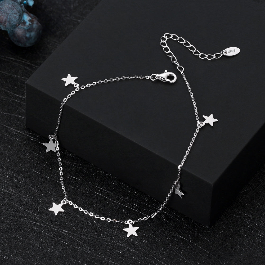 Elegant Star Adjustable Sterling Silver Anklet with 14k Gold and White Gold Plating