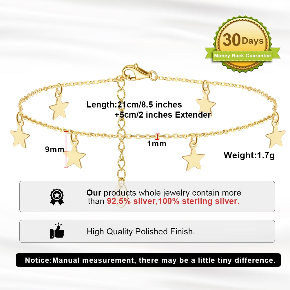 Elegant Star Adjustable Sterling Silver Anklet with 14k Gold and White Gold Plating