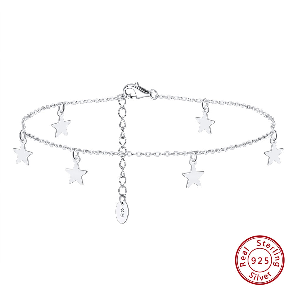 Elegant Star Adjustable Sterling Silver Anklet with 14k Gold and White Gold Plating