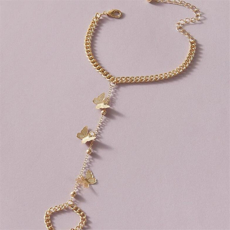 Elegant Bow Knot Pearl Charm Ring & Retro Butterfly Pendant Bracelet Set