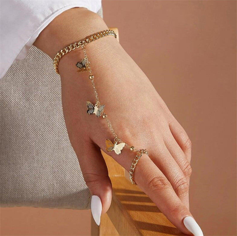 Elegant Bow Knot Pearl Charm Ring & Retro Butterfly Pendant Bracelet Set