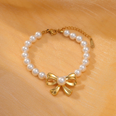 Elegant Titanium Steel Bow Knot Pearl Bracelet - 18K Gold-Plated Women's Jewelry