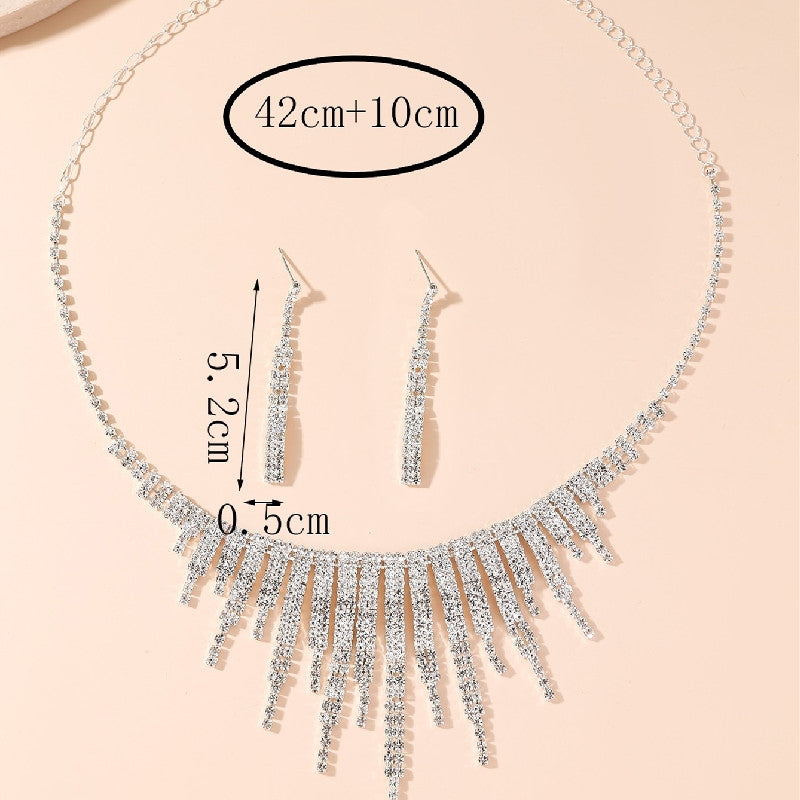 Elegant Bridal Geometric Rhinestone Tassel Jewelry Set - Silver Plated Necklace and Earrings