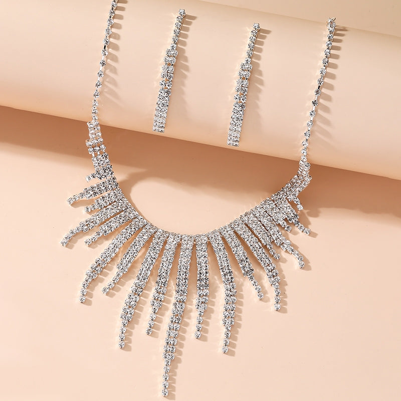 Elegant Bridal Geometric Rhinestone Tassel Jewelry Set - Silver Plated Necklace and Earrings