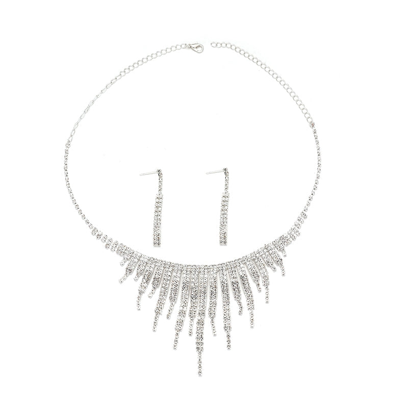 Elegant Bridal Geometric Rhinestone Tassel Jewelry Set - Silver Plated Necklace and Earrings