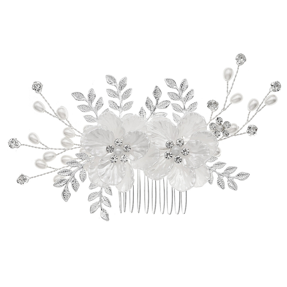 Elegant Bridal Flower Acrylic Pearl Beaded Hair Combs and Earrings Set