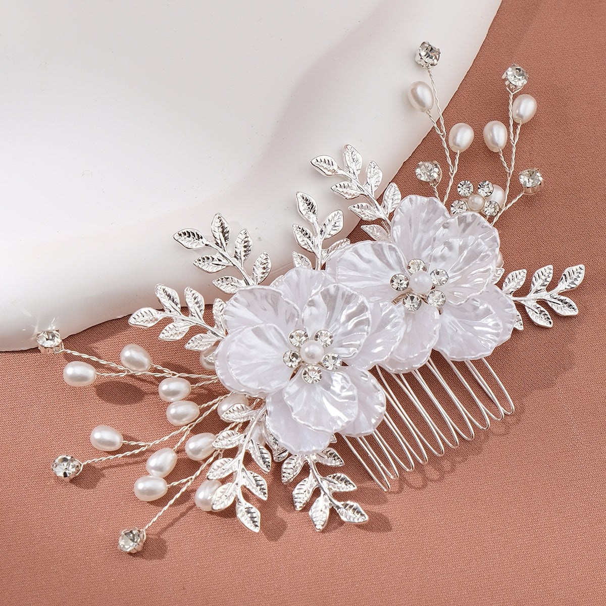 Elegant Bridal Flower Acrylic Pearl Beaded Hair Combs and Earrings Set