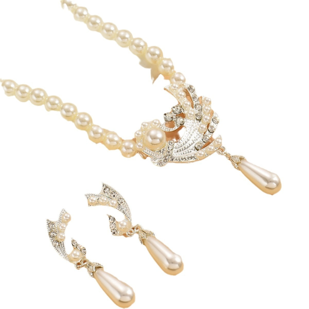 Elegant Bridal Imitation Pearl Rhinestone Jewelry Set - Necklace and Earrings