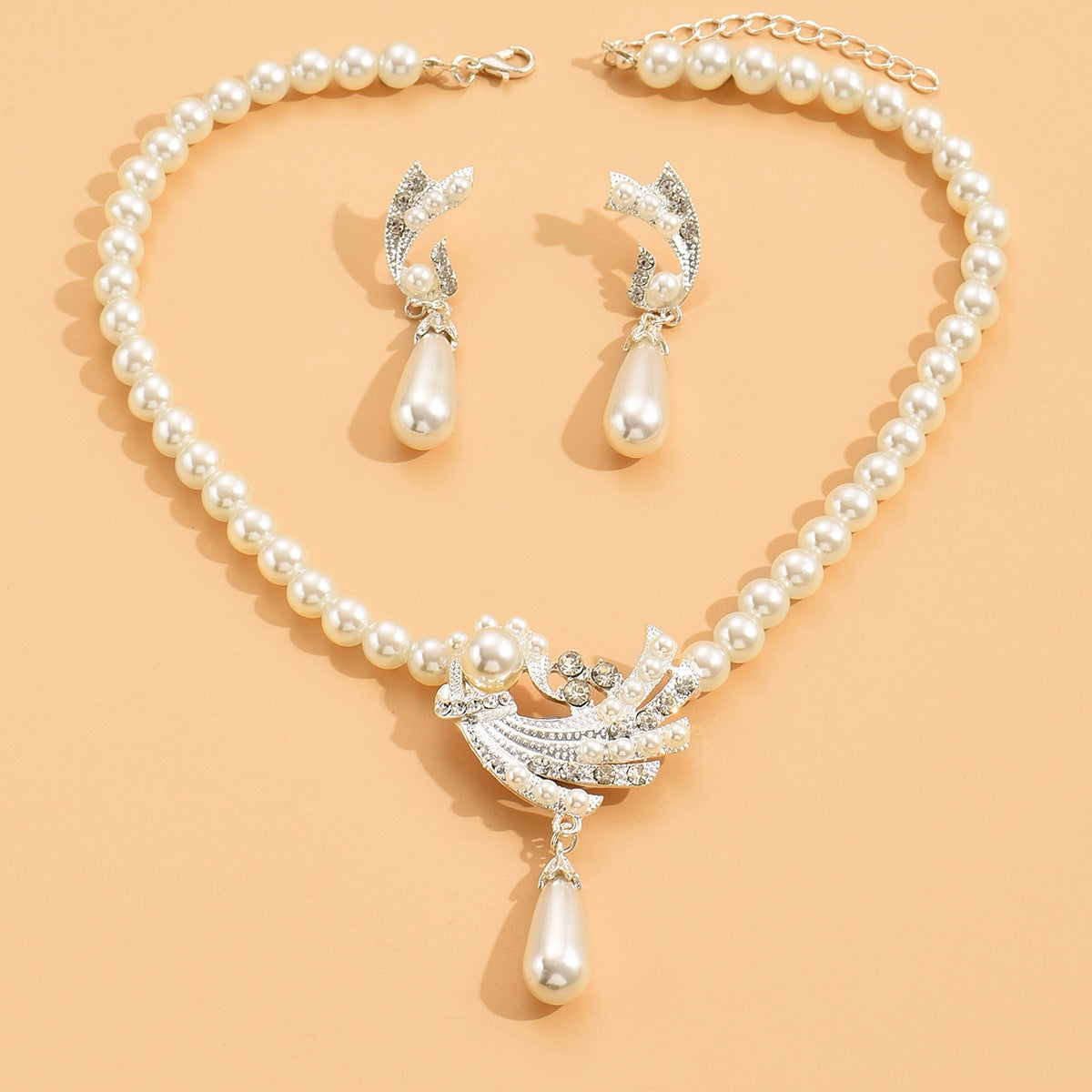 Elegant Bridal Imitation Pearl Rhinestone Jewelry Set - Necklace and Earrings