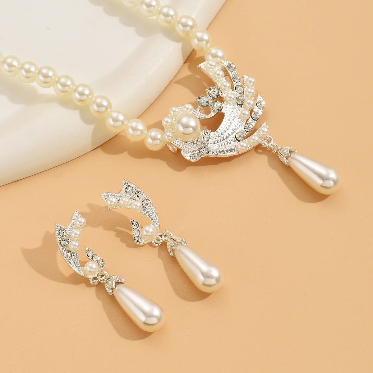 Elegant Bridal Imitation Pearl Rhinestone Jewelry Set - Necklace and Earrings