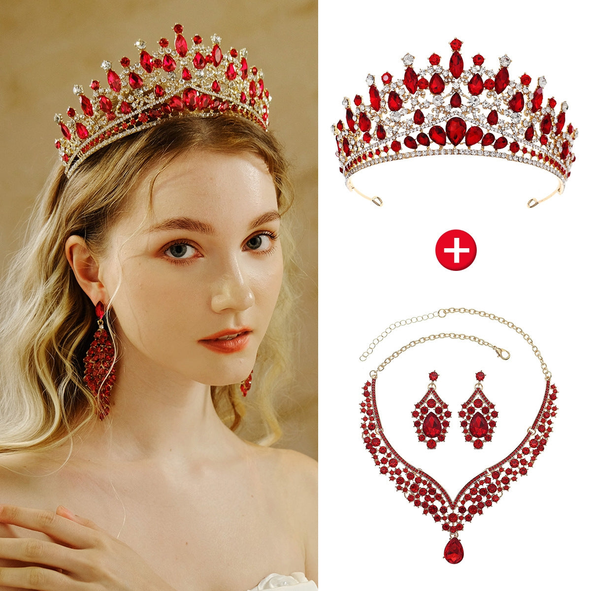 Elegant Bridal Rhinestone Crown Jewelry Set - Necklace and Earrings