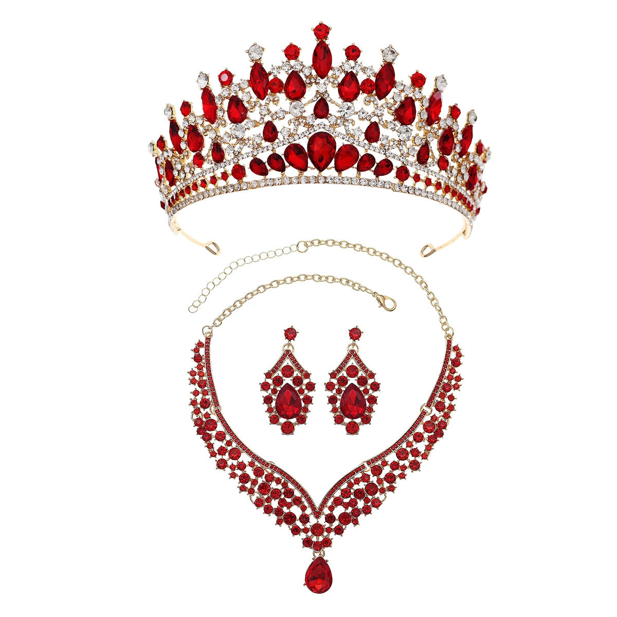 Elegant Bridal Rhinestone Crown Jewelry Set - Necklace and Earrings