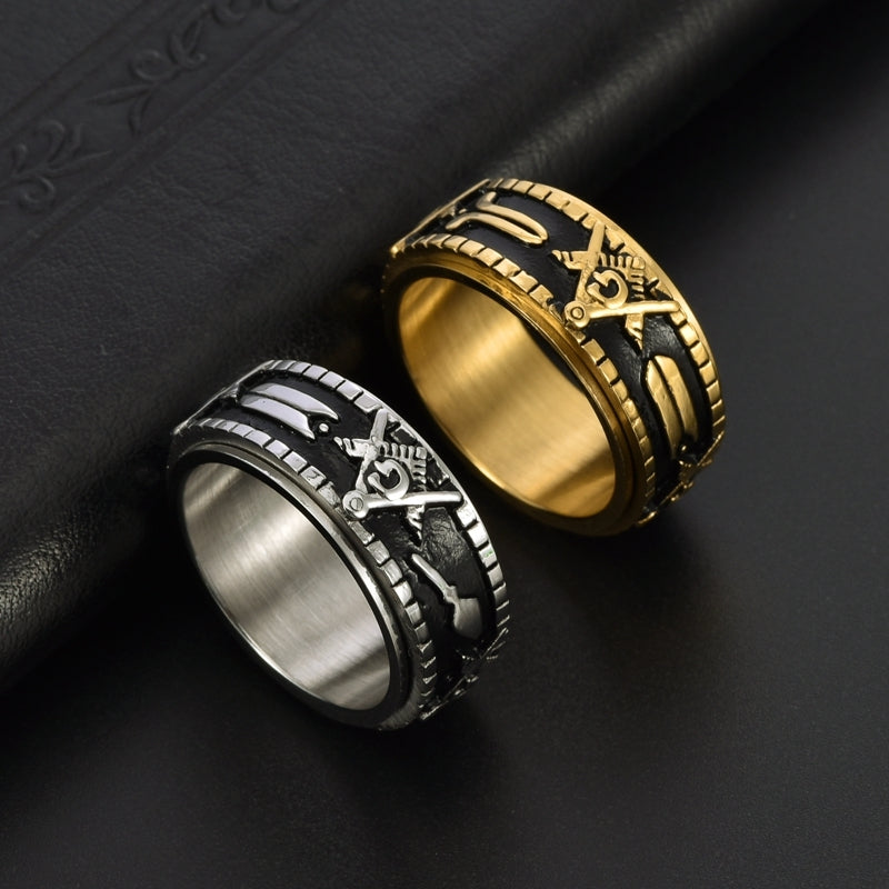 Elegant Luxurious Color Block 18K Gold Plated Stainless Steel Masonic Men's Ring