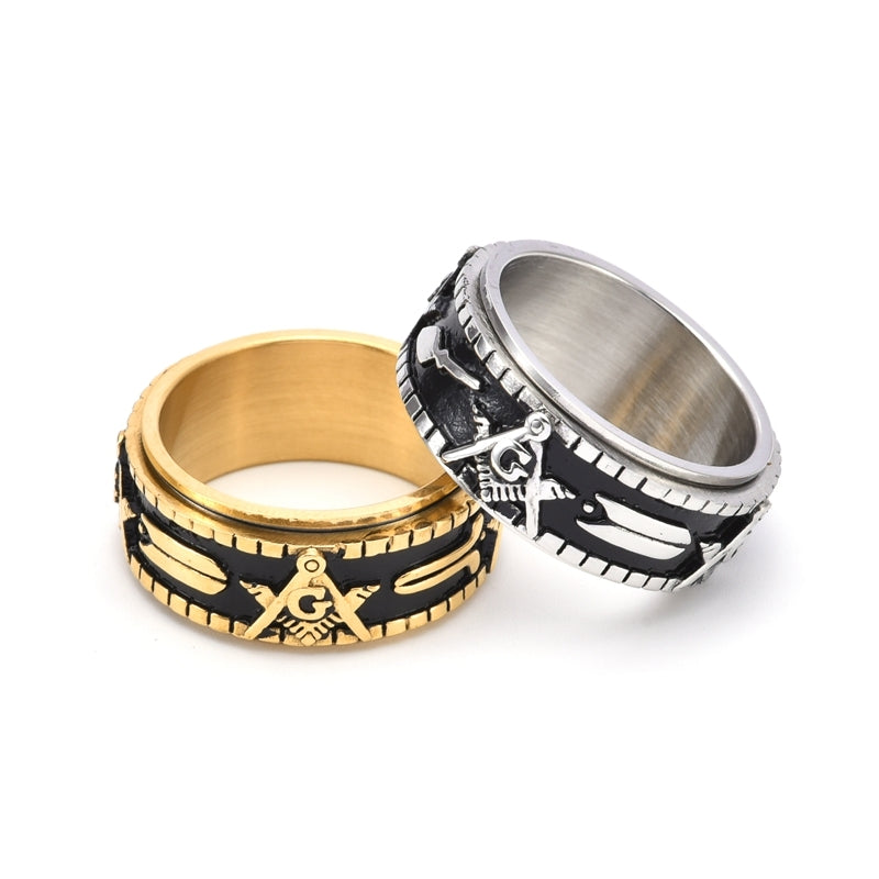 Elegant Luxurious Color Block 18K Gold Plated Stainless Steel Masonic Men's Ring
