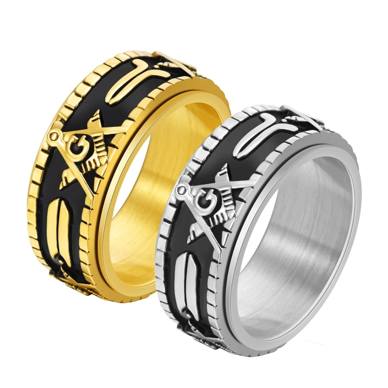 Elegant Luxurious Color Block 18K Gold Plated Stainless Steel Masonic Men's Ring