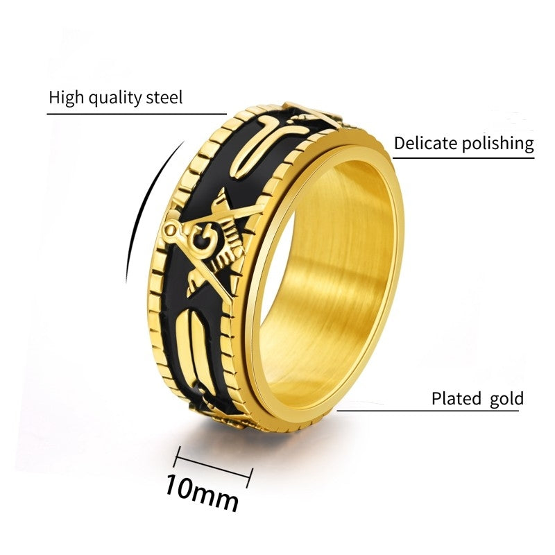 Elegant Luxurious Color Block 18K Gold Plated Stainless Steel Masonic Men's Ring