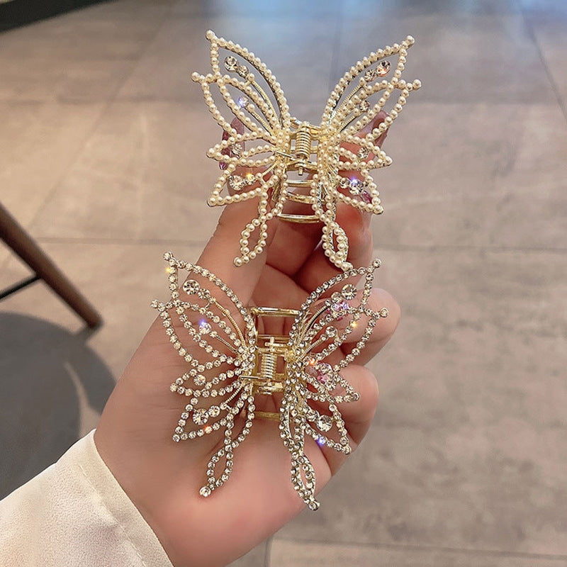 Elegant Pearl Rhinestone Butterfly Hair Claw Clip