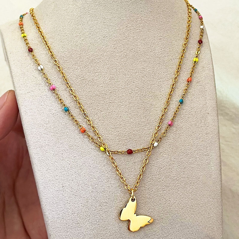 Elegant Colorful Butterfly Titanium Steel Layered Necklace