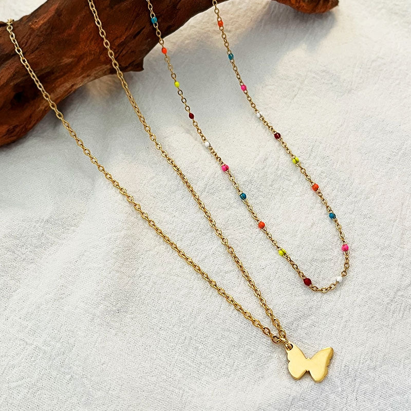 Elegant Colorful Butterfly Titanium Steel Layered Necklace