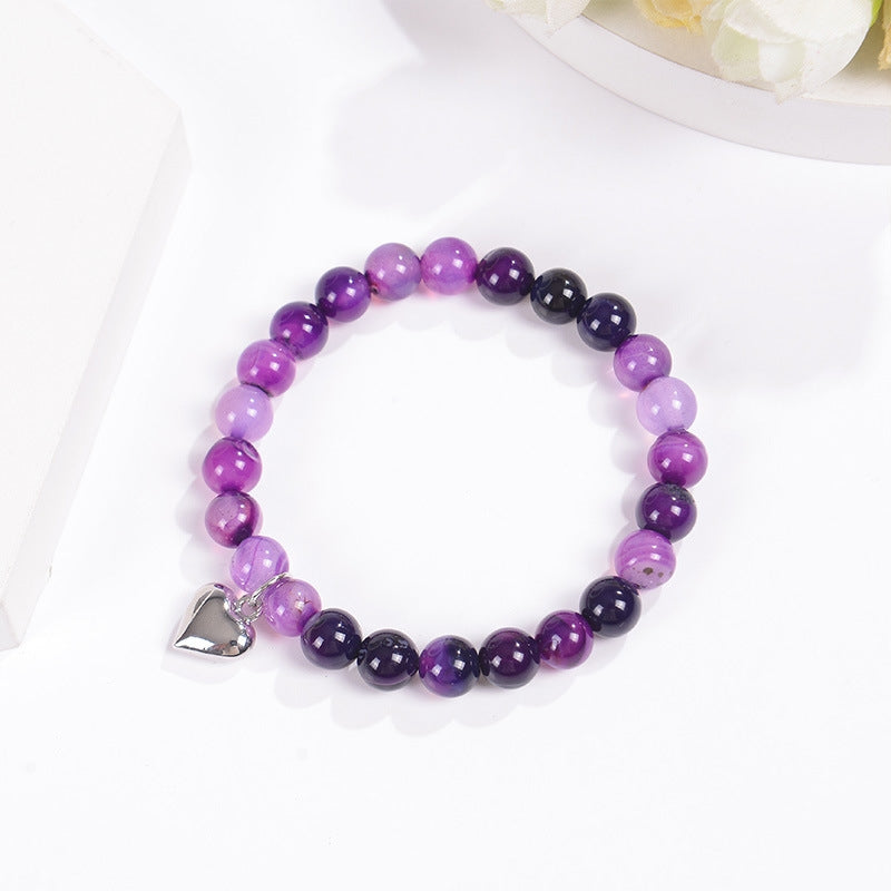 Elegant Geometric Heart Natural Stone Amethyst Agate Women's Healing Bracelet with Peach Heart Pendant