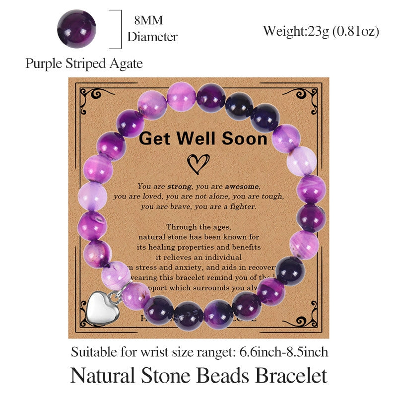 Elegant Geometric Heart Natural Stone Amethyst Agate Women's Healing Bracelet with Peach Heart Pendant