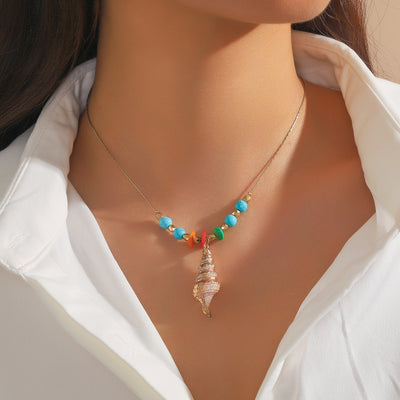 Elegant Shell Pendant Necklace with Turquoise Beads and Alloy Chain