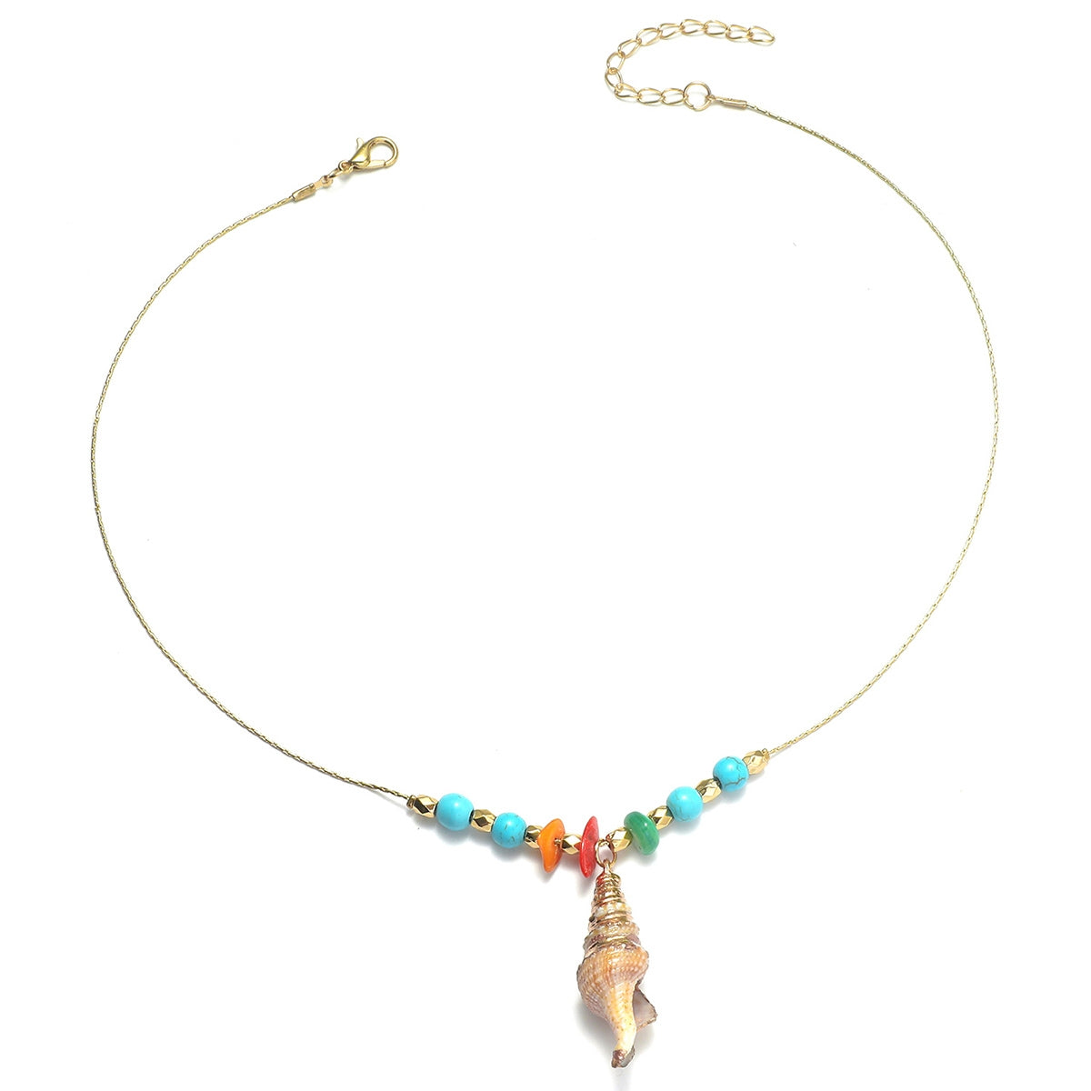 Elegant Shell Pendant Necklace with Turquoise Beads and Alloy Chain