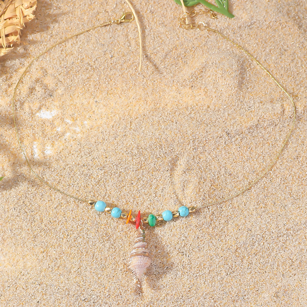 Elegant Shell Pendant Necklace with Turquoise Beads and Alloy Chain