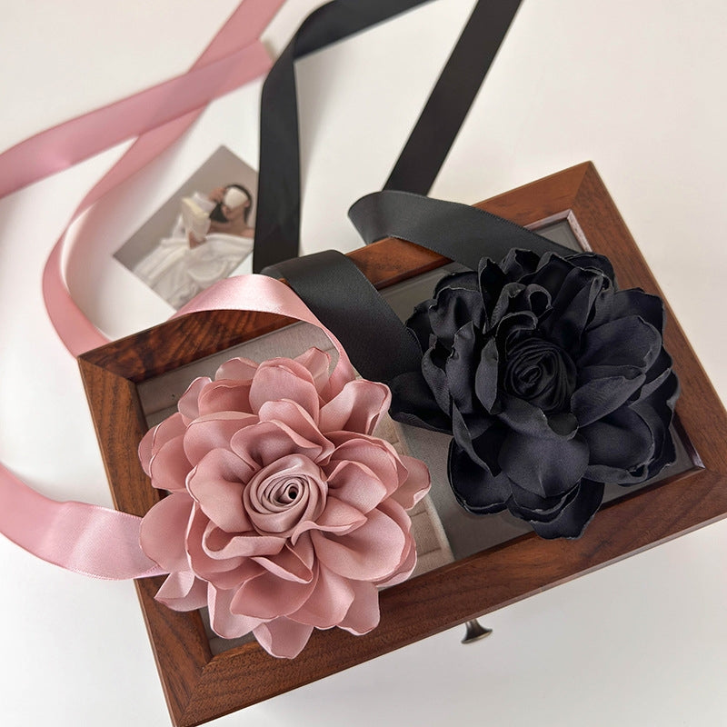 Elegant Floral Fabric Women's Choker and Hair Ribbon Accessory Set