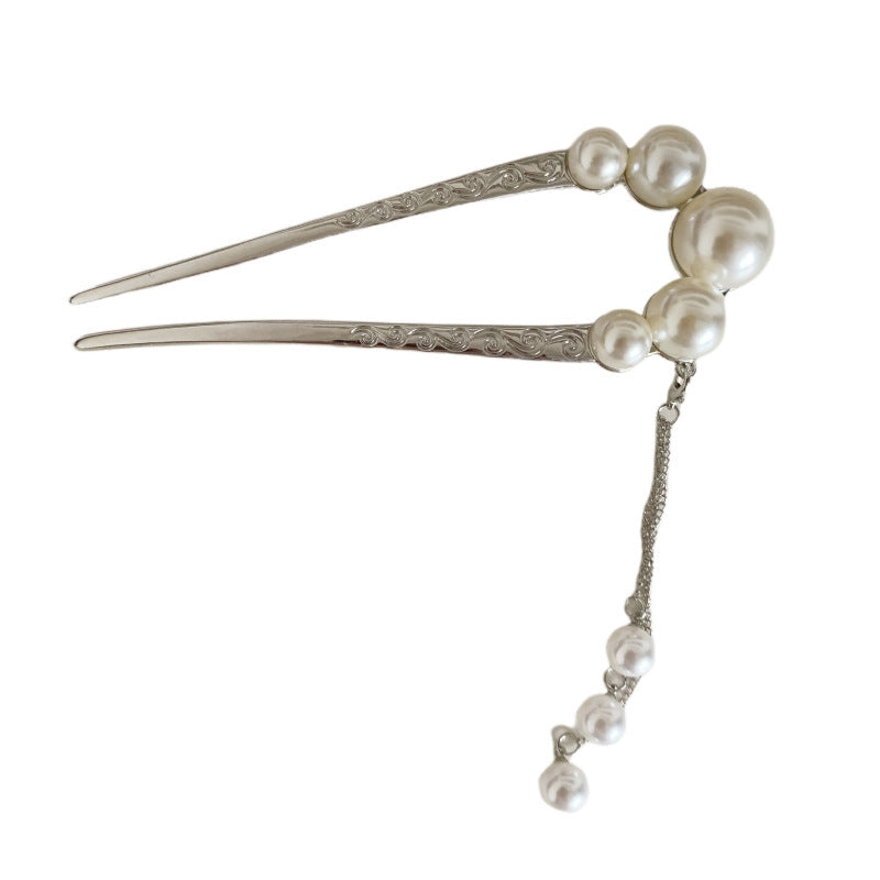 Elegant Geometric Pearl Alloy Hairpin with Tassel U-Shape Design