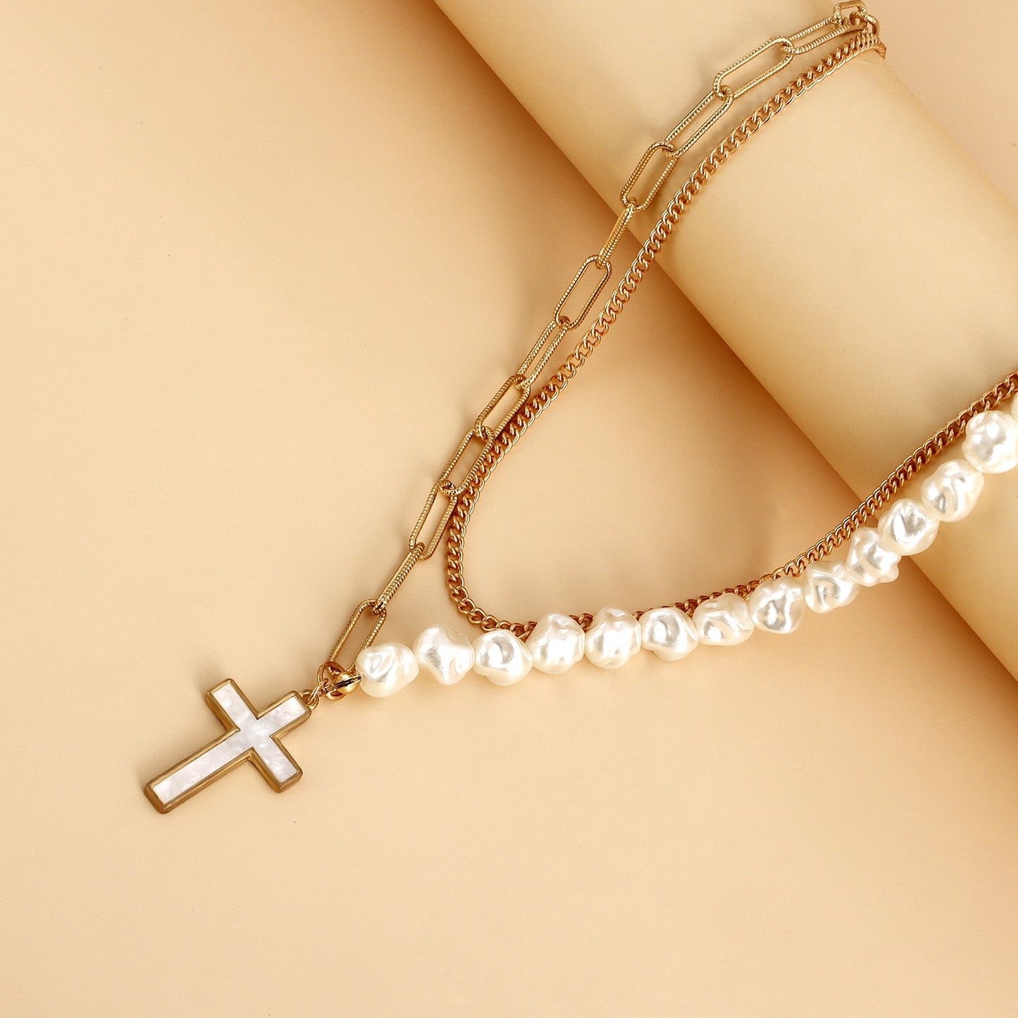 Elegant Cross Shell Pendant Layered Necklace with Artificial Pearls