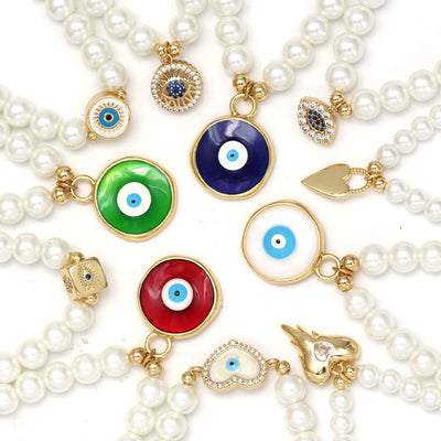 Elegant Heart & Evil Eye Pearl Charm Bracelet - Adjustable Gold Chain Jewelry for Men and Women