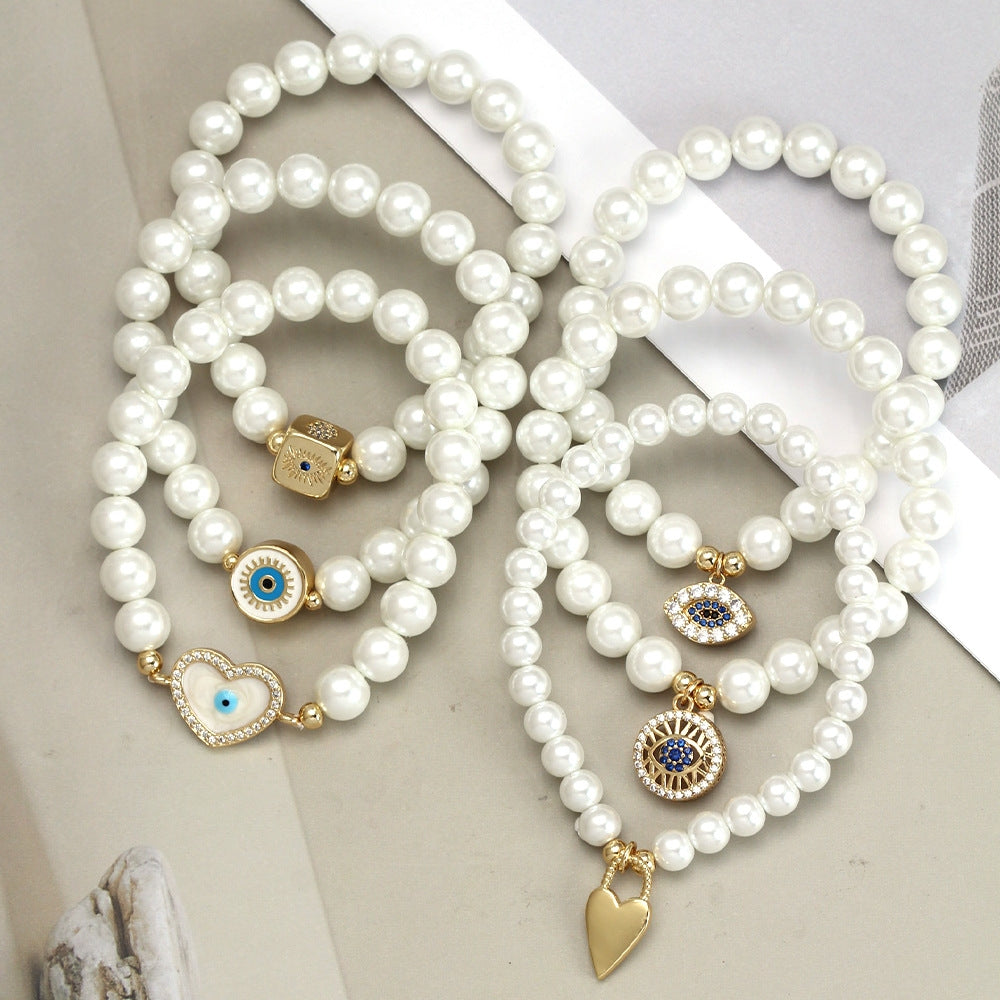 Elegant Heart & Evil Eye Pearl Charm Bracelet - Adjustable Gold Chain Jewelry for Men and Women