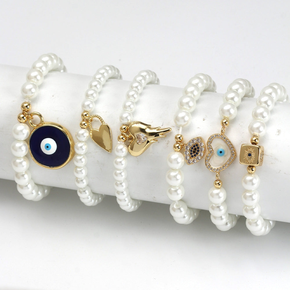 Elegant Heart & Evil Eye Pearl Charm Bracelet - Adjustable Gold Chain Jewelry for Men and Women