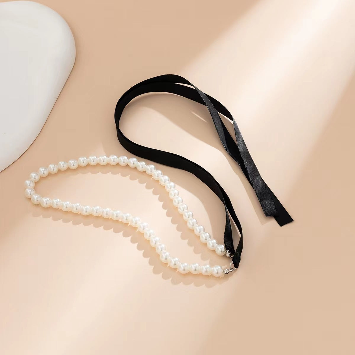 Elegant Geometric Baroque Pearl Choker Necklace with Black Ribbon Bow