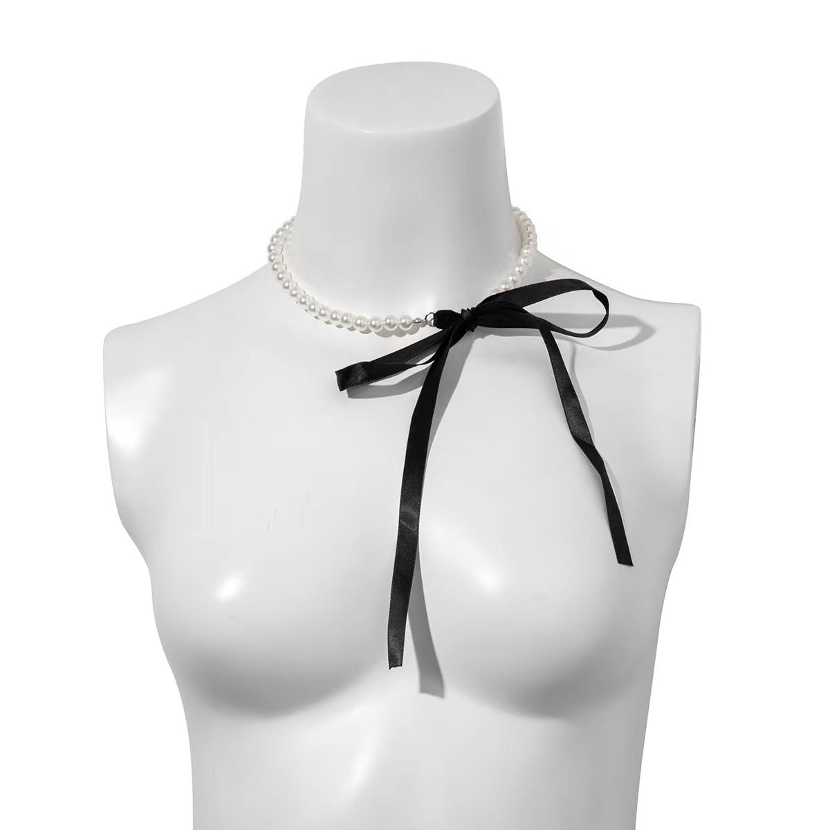 Elegant Geometric Baroque Pearl Choker Necklace with Black Ribbon Bow