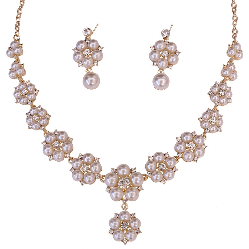 Elegant Floral Alloy Inlay Pearl Rhinestone Earrings and Necklace Set for Weddings and Parties