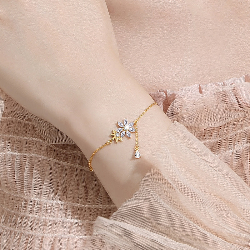 Elegant Flower S925 Sterling Silver Zircon Tassel Bracelet for Women - Light Luxury Niche Design