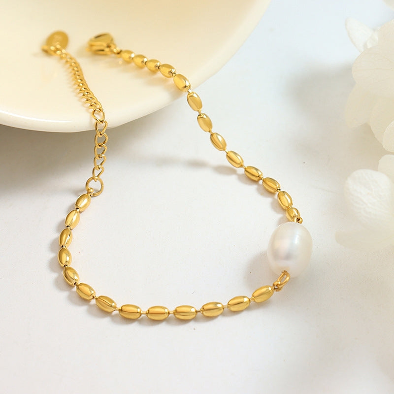 Elegant Geometric 18K Gold Plated Freshwater Pearl and Rice Bead Metal Chain Bracelet