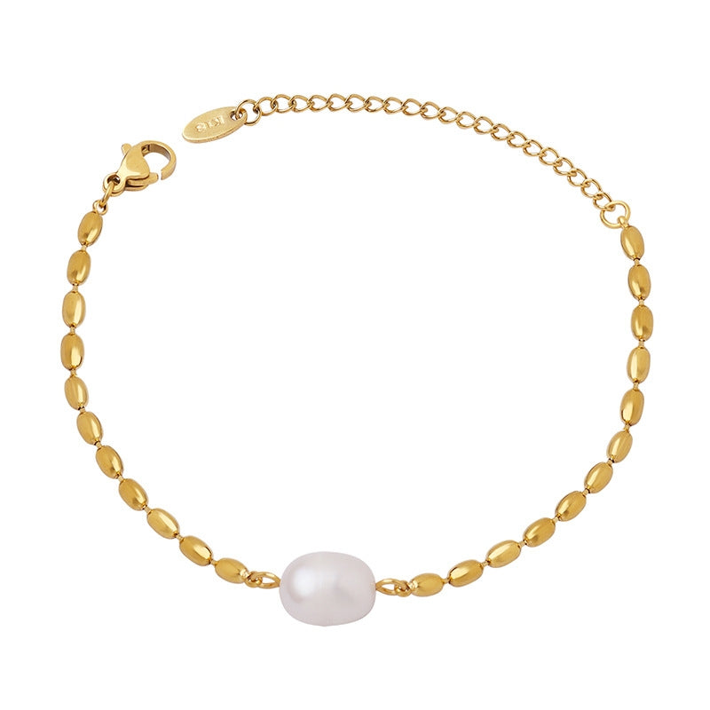 Elegant Geometric 18K Gold Plated Freshwater Pearl and Rice Bead Metal Chain Bracelet