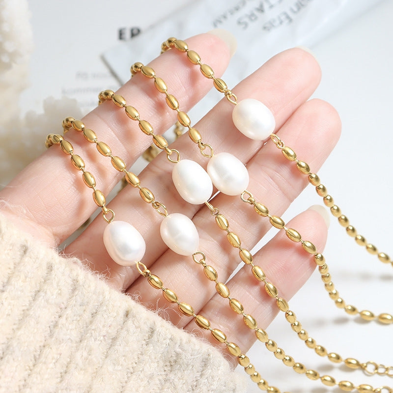 Elegant Geometric 18K Gold Plated Freshwater Pearl and Rice Bead Metal Chain Bracelet