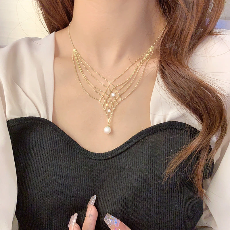 Elegant Geometric Pearl Tassel Necklace for Women