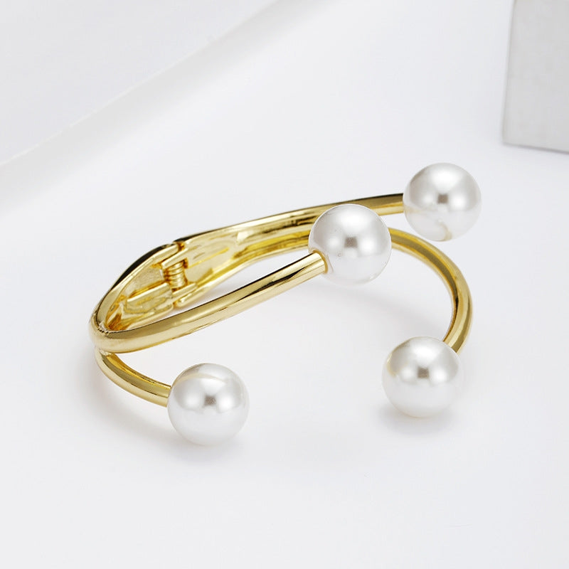 Elegant Geometric Pearl Alloy Open Cuff Bracelet