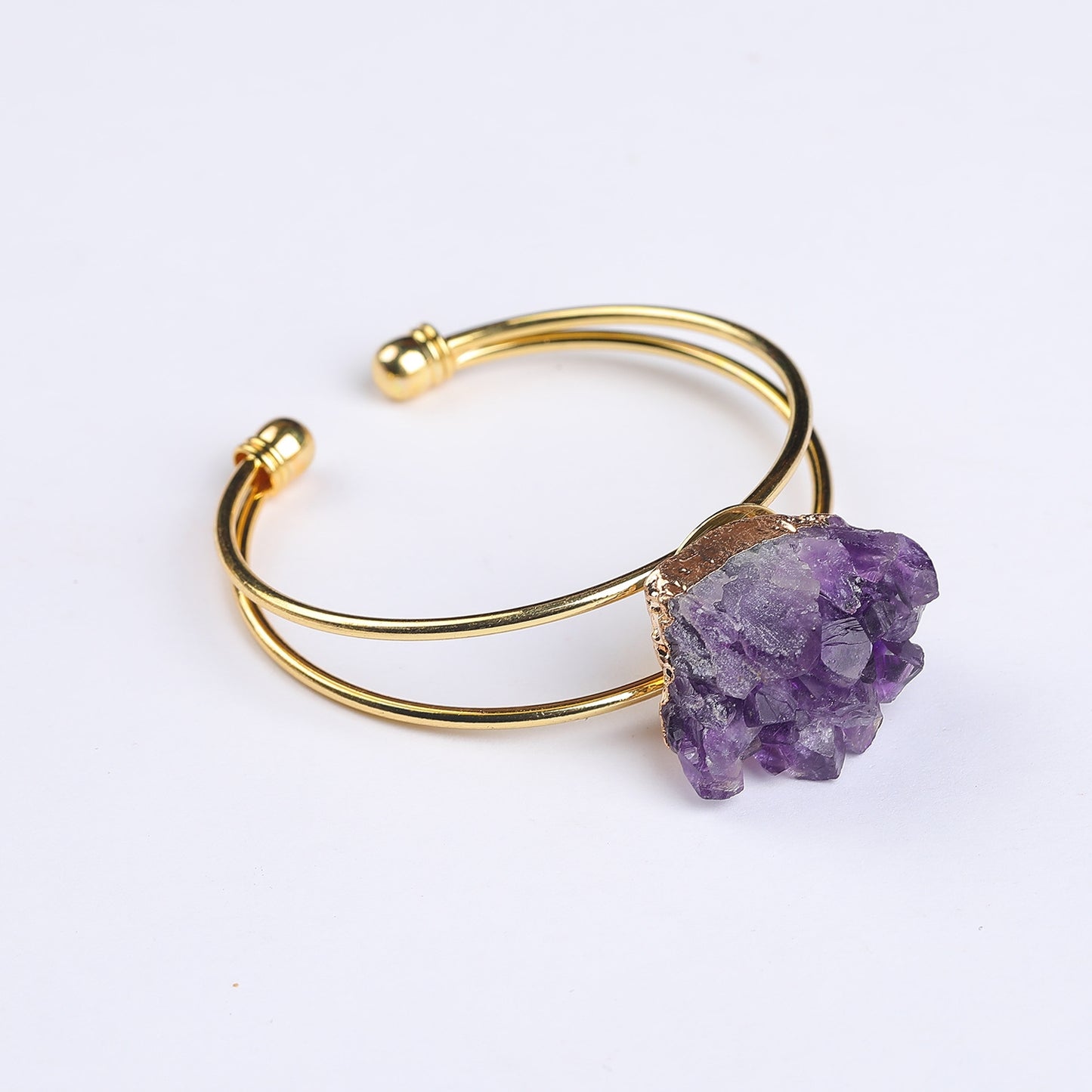 Elegant Geometric Gold Plated Crystal Amethyst Adjustable Bangle Bracelet