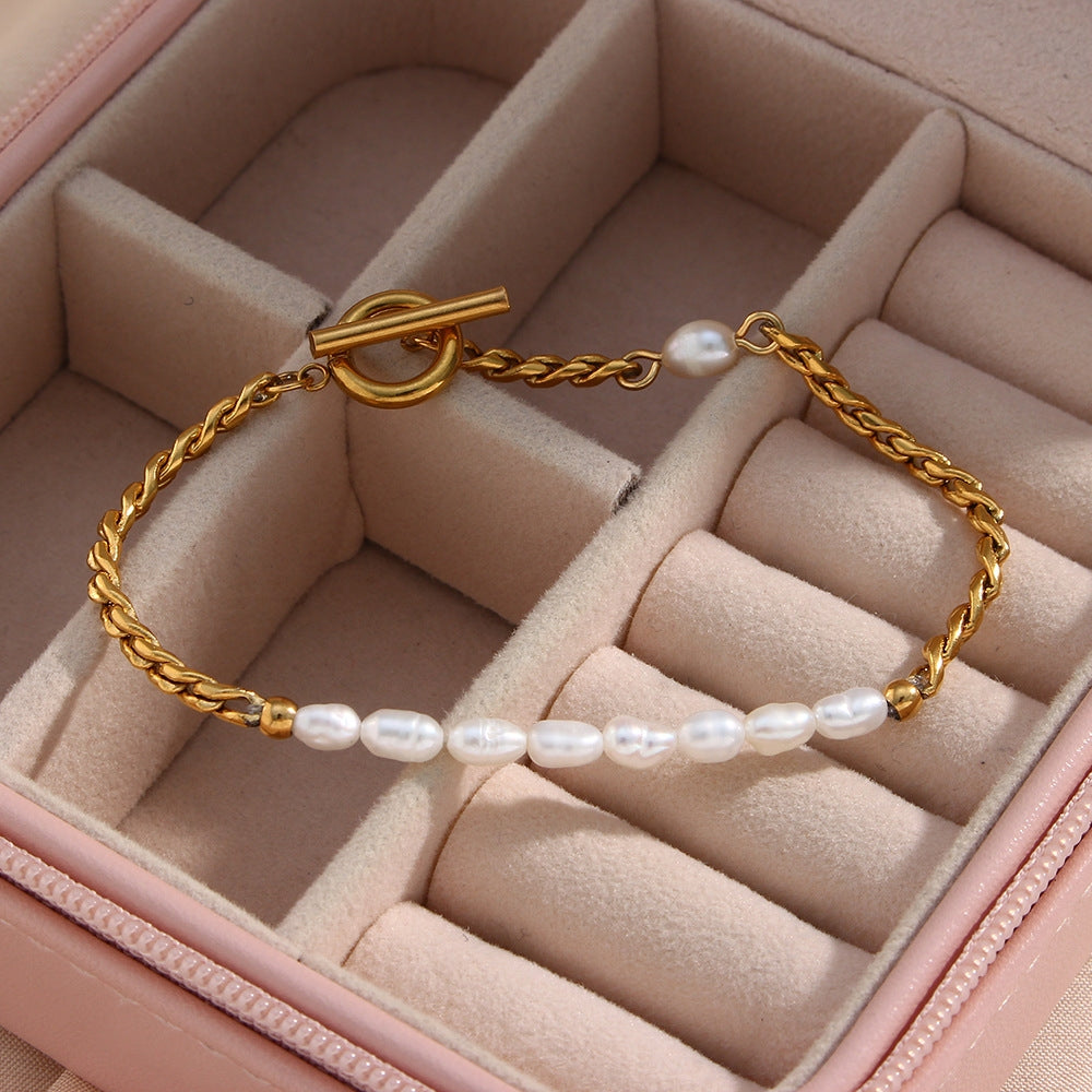 Elegant Geometric Gold Plated Stainless Steel Pearl Jewelry Set - Necklace and Bracelet