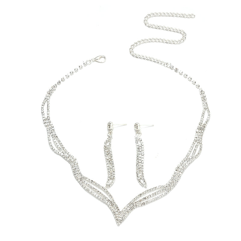 Elegant Geometric Rhinestone Silver Plated Women's Necklace and Earrings Set