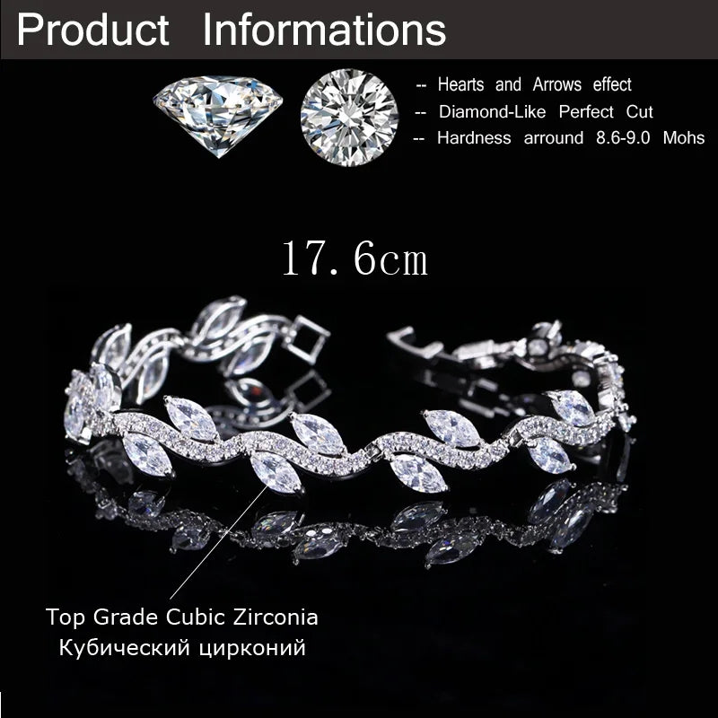 Elegant Shiny Leaf Zircon Inlay White Gold Plated Bracelet