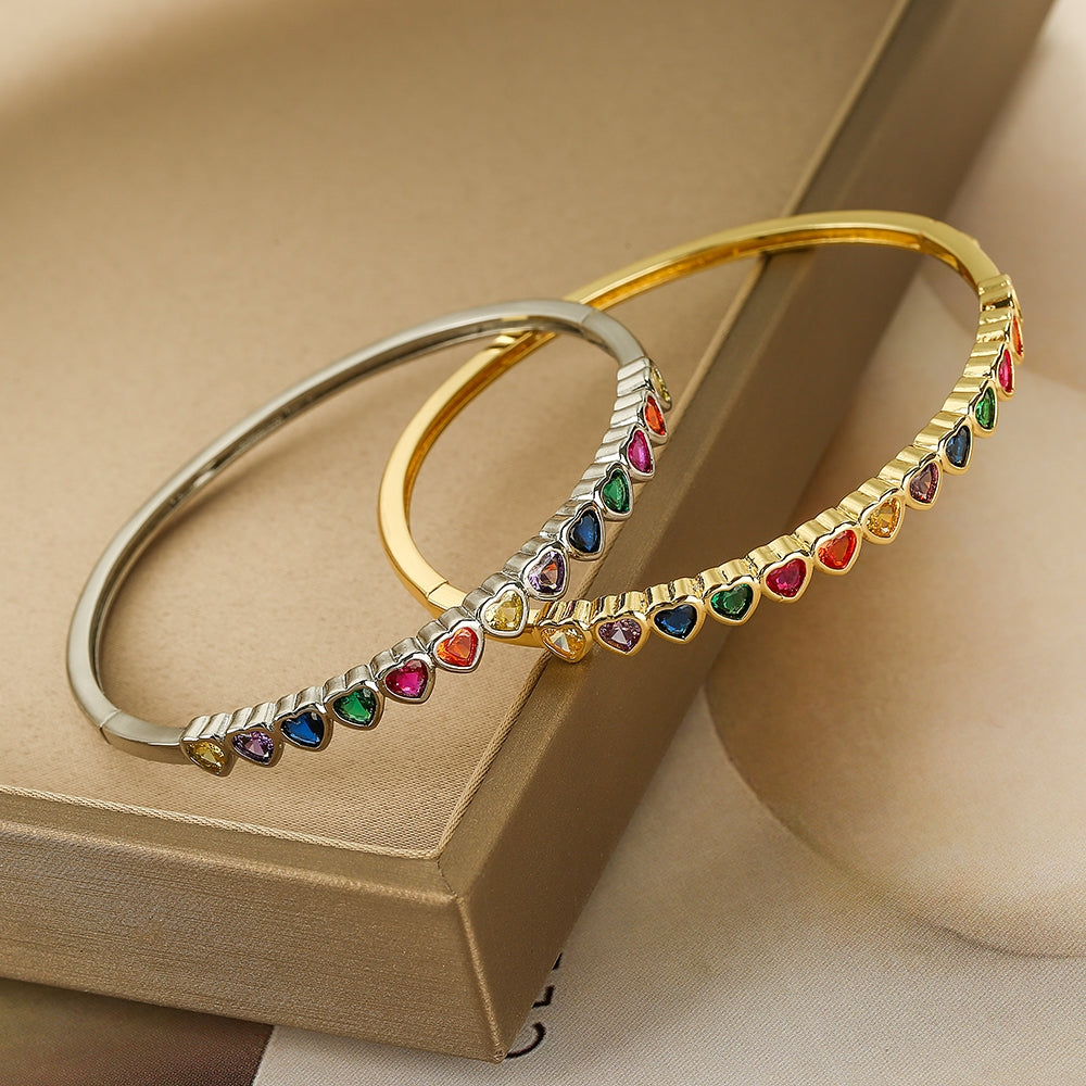 Elegant Heart-Shaped Zircon 18k Gold Plated Copper Bangle Bracelet