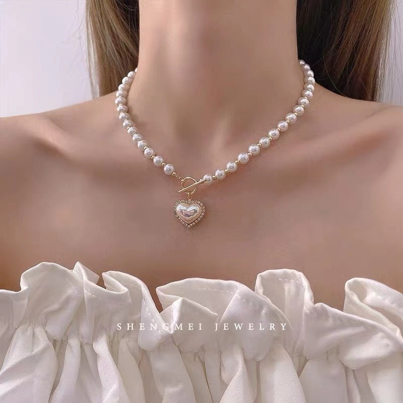 Elegant Heart Shape Imitation Pearl Alloy Necklace with Clasp Chain